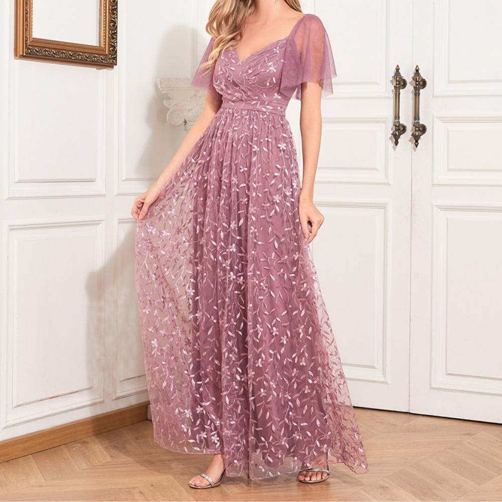 GMXIA Элегантное прозрачное вечернее платье с короткими рукавами, V-образным вырезом и U-образным вырезом на спине, трапециевидное платье с вышивкой и полной подкладкой