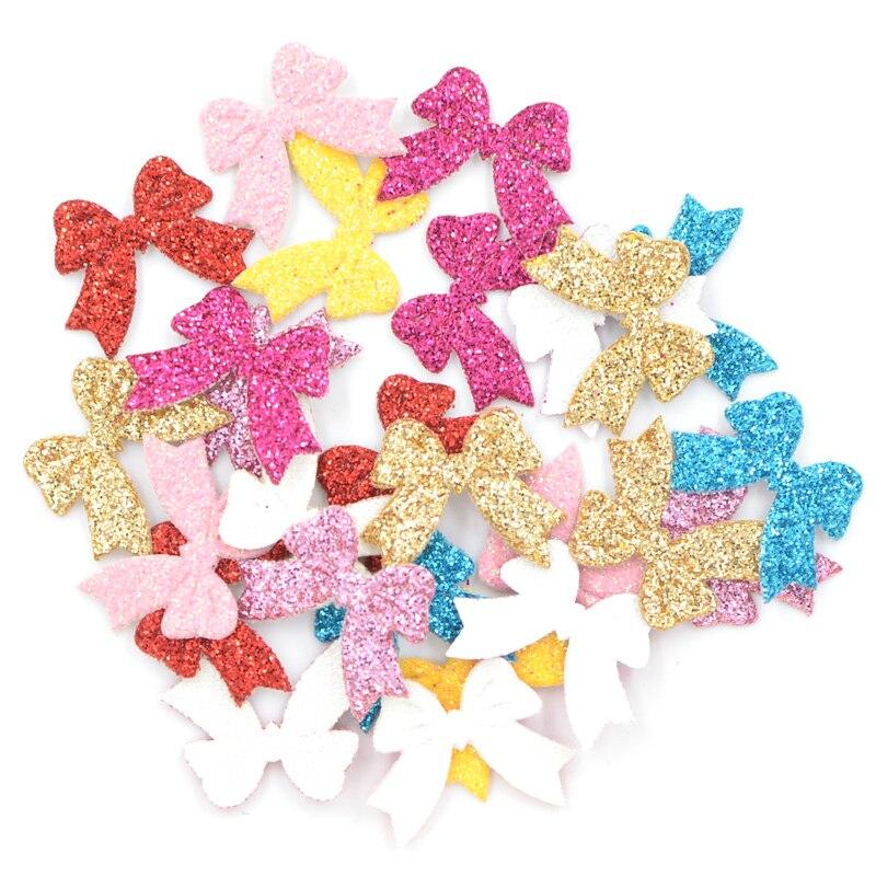 100Pcs Mixed Glitter Leather Fabric Appliques Bow-tie Patches for Crafts Clothes Decoration DIY Hair Bow Accessories