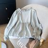Корейская Повседневная Блузка Топ с Кружевным Воротником-рюшем для Женщин, Осенняя Женская Мода, Имитация Двойки, Кружевная Блузка с Длинным Рукавом на Шнуровке
