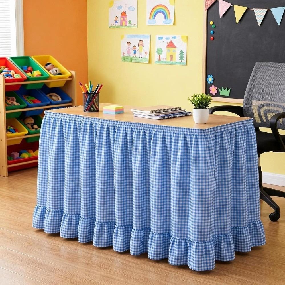 Hook and Loop Teacher Desk Skirt Ruffled Edge Table Wrap Rural Gingham Table Skirt Classroom