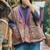 Johnature Women Vintage Cotton Linen Vests Patchwork Coats Chinese Style Sleeveless V-Nec FloralWinter Vests