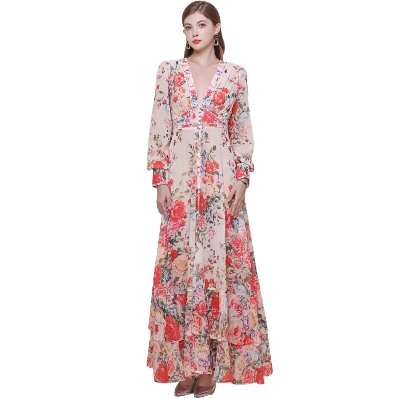 Women's Retro Court Style V-neck Dress with Lace-up Waist, Lantern Sleeves, Floral Print, and Large Hem - 2026 Collection