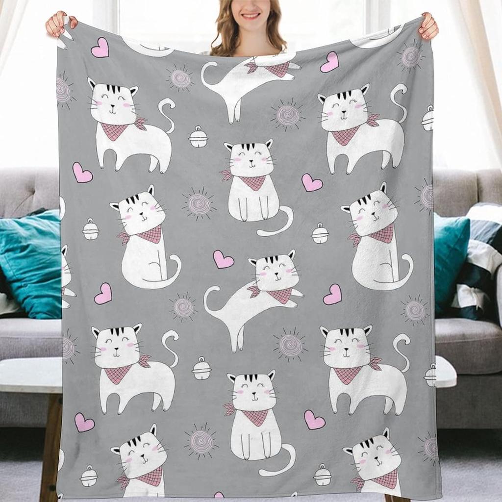 Cartoon White Cat Flannel Throw Blanket Pink Heart Bandana Kitten Print Soft Warm Blanket Kids Sofa Decor