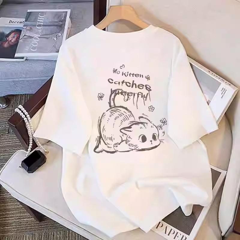 Футболки с короткими рукавами Harajuku cartoon cat, женские летние футболки из чистого хлопка, повседневные футболки больших размеров для женщин, уличные белые топы Y2k