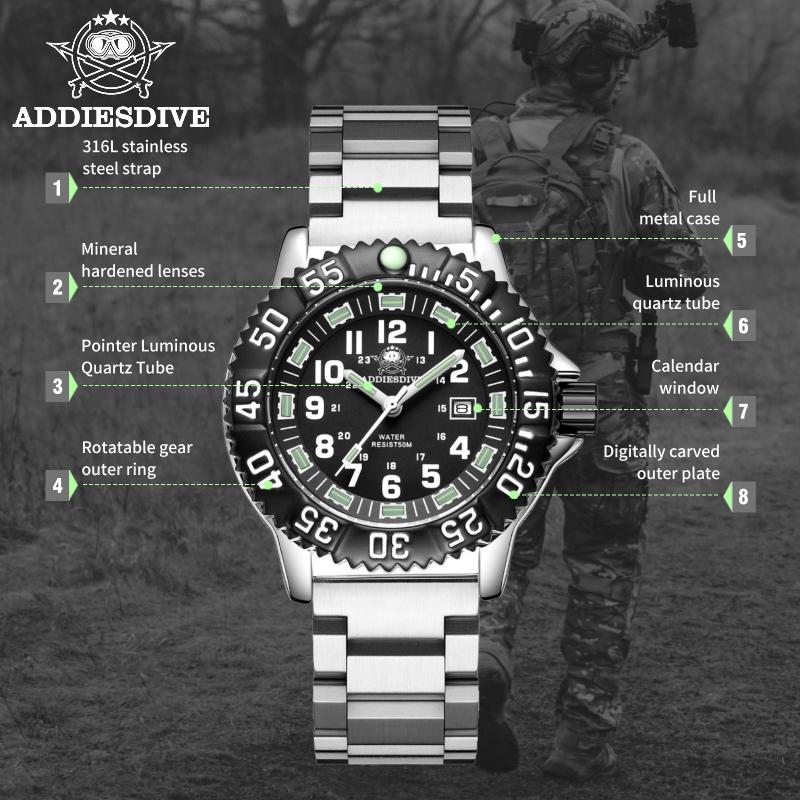 ADDIESDIVE Men's Quartz Watch Silver Steel Belt Wristwatches Vintage 50M Waterproof Super Luminous Watches High Quality relogio