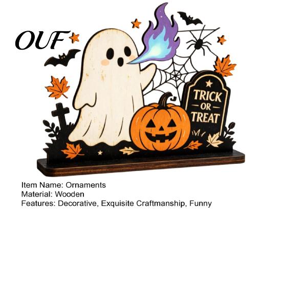 Decorative Wood Sign for Halloween Ghost Ornaments with Pumpkin Tombstone and Bat Elements, Wooden Party Supplies Tabletop Decorations Indoor