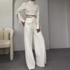 Women's White High Neck Long Sleeve Cropped Top with Button Cuffs and Wide Leg Pants Set