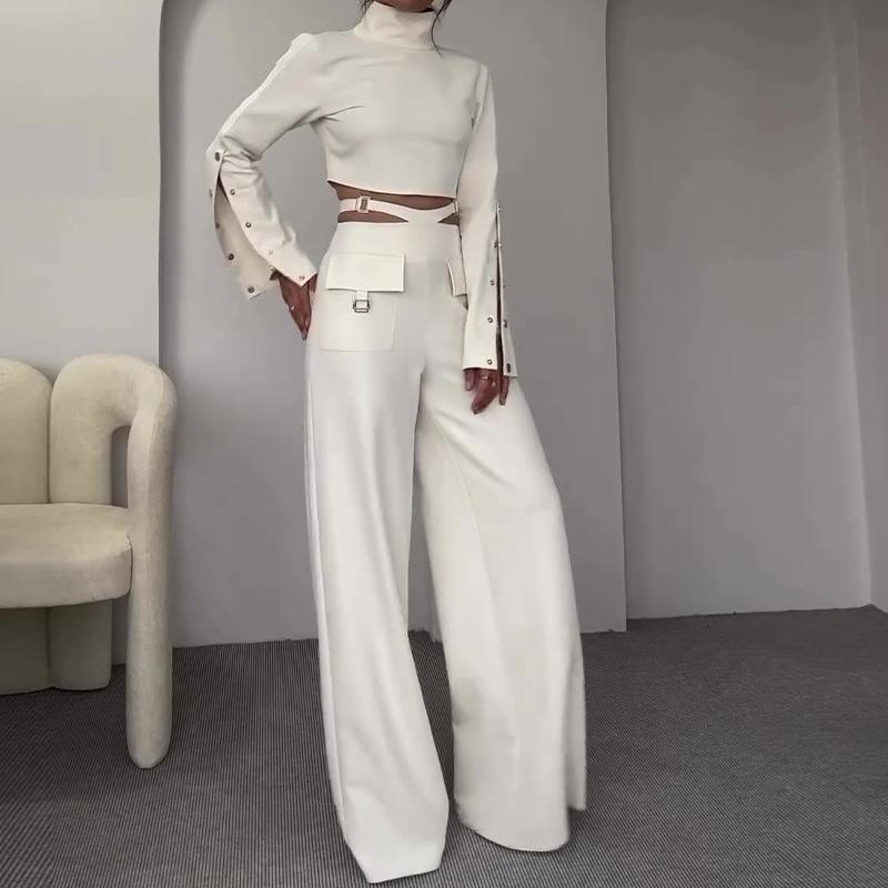 Women's White High Neck Long Sleeve Cropped Top with Button Cuffs and Wide Leg Pants Set