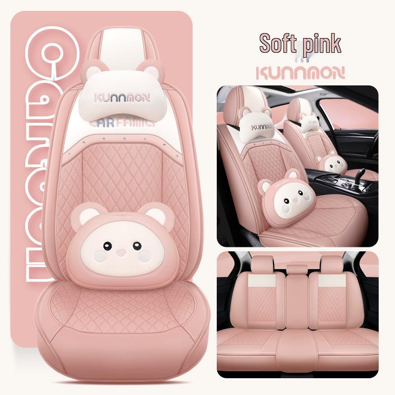 Universal Cartoon Car Seat Cover – Cute, Full-Surround Cushion for Small Cars, Fits 5-Seat Models, All-Season Use.