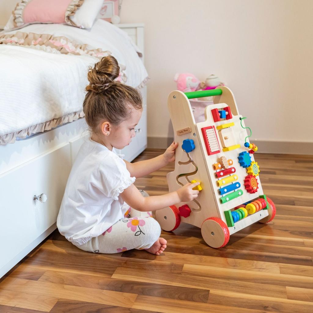 KiddyMoon Wooden Baby Walker Interactive Educational Toy for Children Push-along Toy for Babies Wk-002, Multicolored