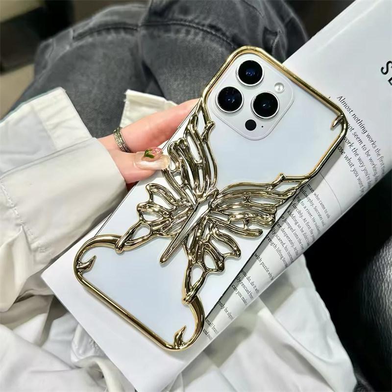 3D Чехол для телефона с полым узором бабочки для отвода тепла для iPhone 17 Air 16 15 14 13 12 11 Pro Max Plus Гальванизированная жесткая задняя крышка