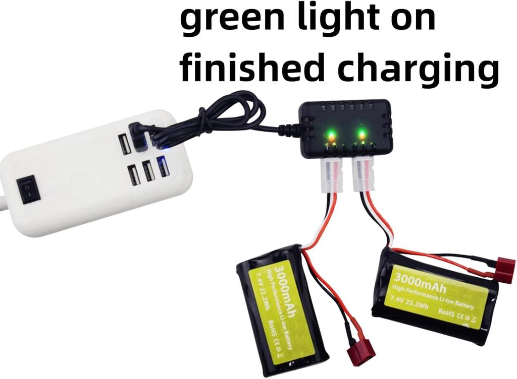 2x 7.4V 3000mAh 15C 2S Li-ion Battery with T Plug and 2-in-1 Charger – for WLtoys 12423 MJX 14301 14302 14303 H16PL RC Car 1/10 1/12 1/16 Scale