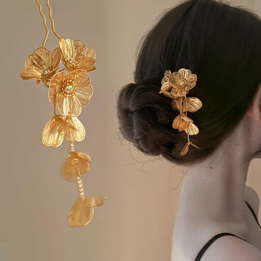 Tassel Metal U Shape Hair Stick Flower Hanfu Hairpin Classical   For Girl