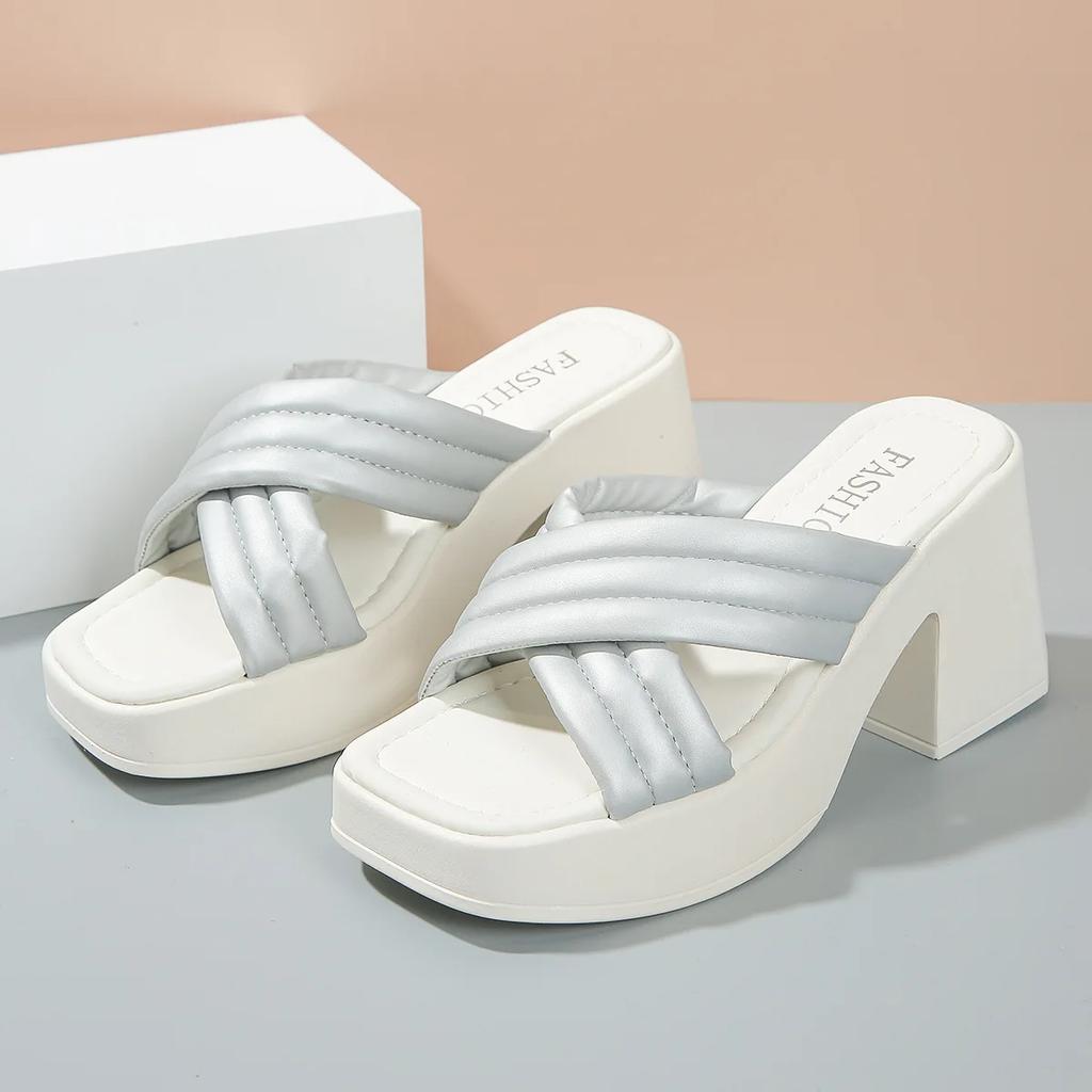 Повседневные тапочки-кроссоверы на высоком каблуке для женщин, летняя новая верхняя одежда, толстый каблук, толстая подошва, однотонные пуловеры