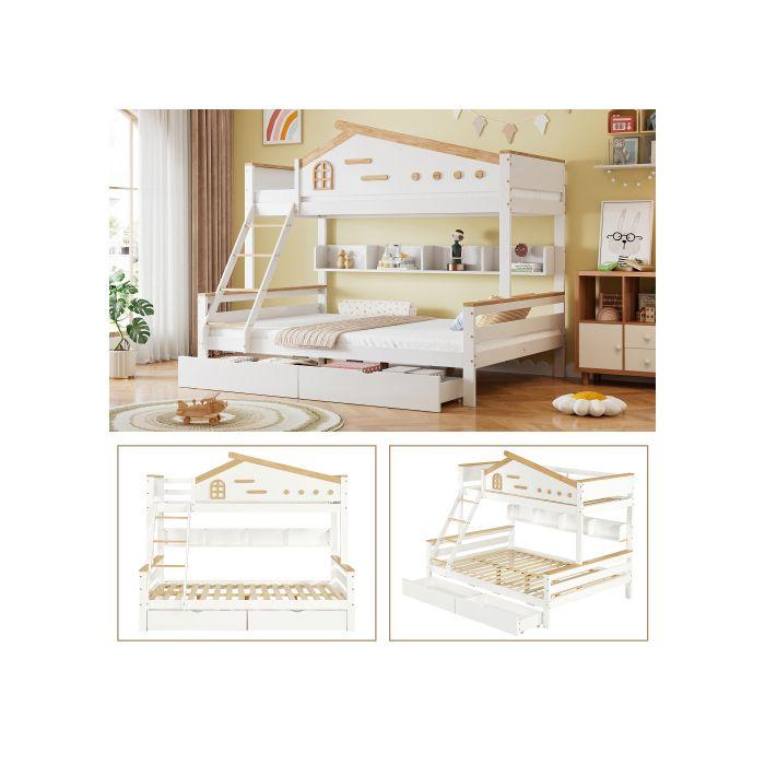 Двухъярусная кровать - MUVOE - 90x200см & 140x200см - Белый + Натуральный - 2 ящика - Наклонная лестница