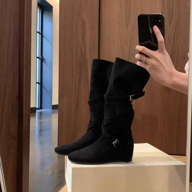 Версия из мягкой кожи~ увеличение роста 6 см мягкая кожа круглый носок тонкие полусапоги женские осень-зима новые мягкие плиссированные длинные голенища ботфорты