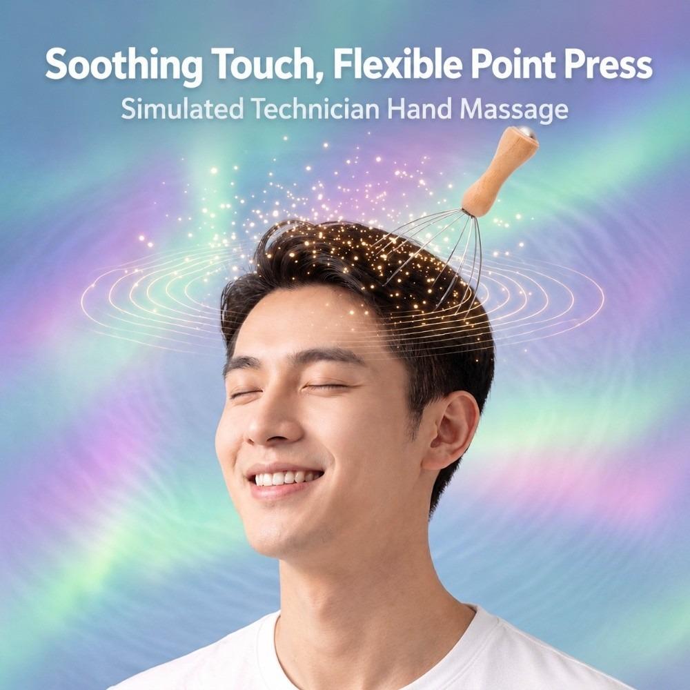 Round Tip Scalp Massager Wood Handle Scalp Relax Tool Portable Head Massager Home Stress Relief