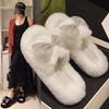 Пушистые тапочки с бантом, женская верхняя одежда 2024 года, новые теплые повседневные домашние тапочки из плюша с круглым носком и плоской подошвой