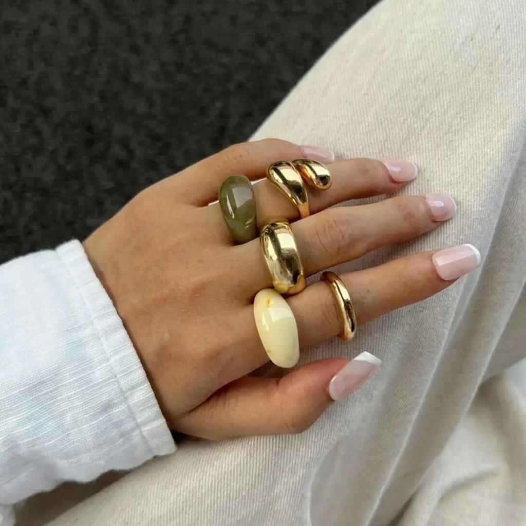 Salircon 5Pcs/Set Gold Color Resin Geometric Open Ring Women Men Punk Metal Irregular Adjustable Knuckle Joint Ring Jewelry Gift