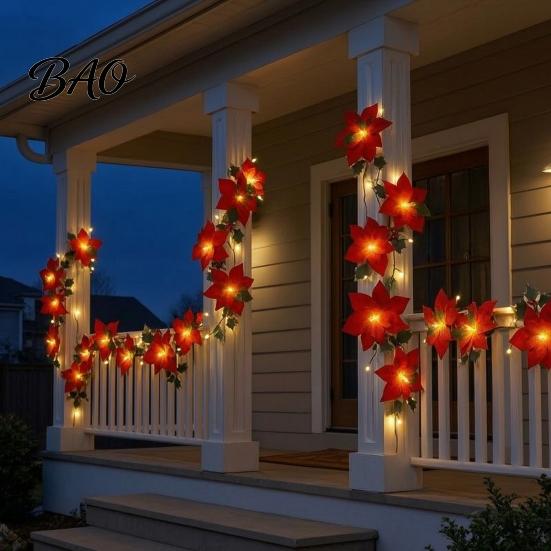 Lighted Christmas Garland for Mantel Poinsettia with Light, 78/118 Inch Artificial Flower Wreath Lights String Light 10/20 LEDs Xmas New Year