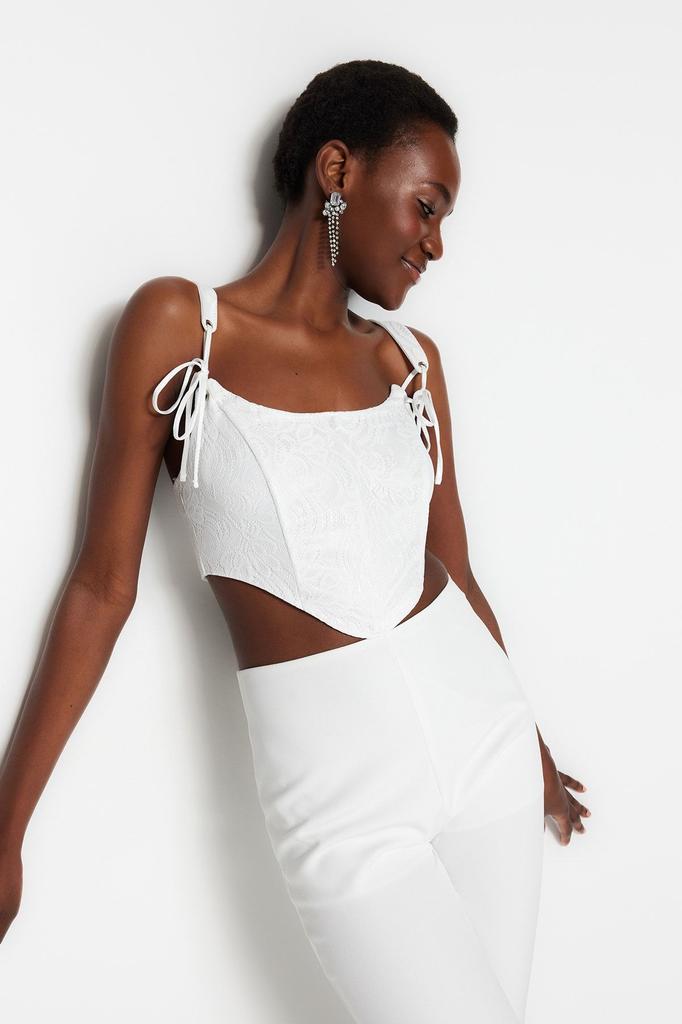 Women's Fashion New Bustier Ecru Crop Lined Bias Lace Bustier