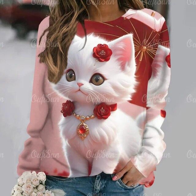 Kawaii женская футболка с забавным рисунком кота, футболка с длинными рукавами, повседневная уличная одежда, женский свитер, новый женский пуловер, одежда, топ