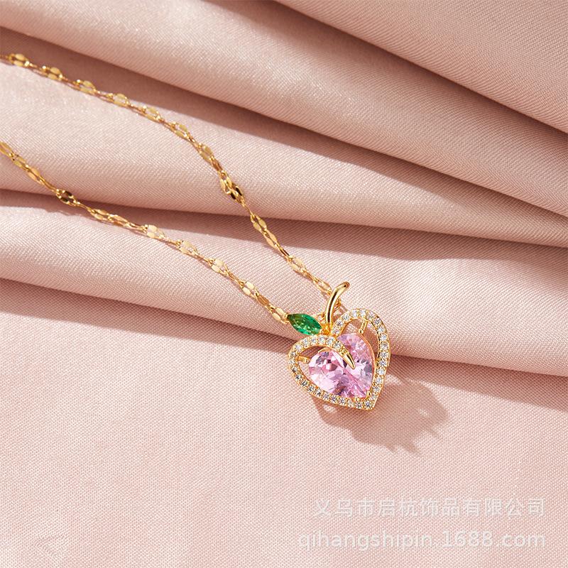 Design Pink Zirconium Love Necklace Women'S Light Luxury High Sense Versatile Inlaid Heart Pendant Clavicle Chain
