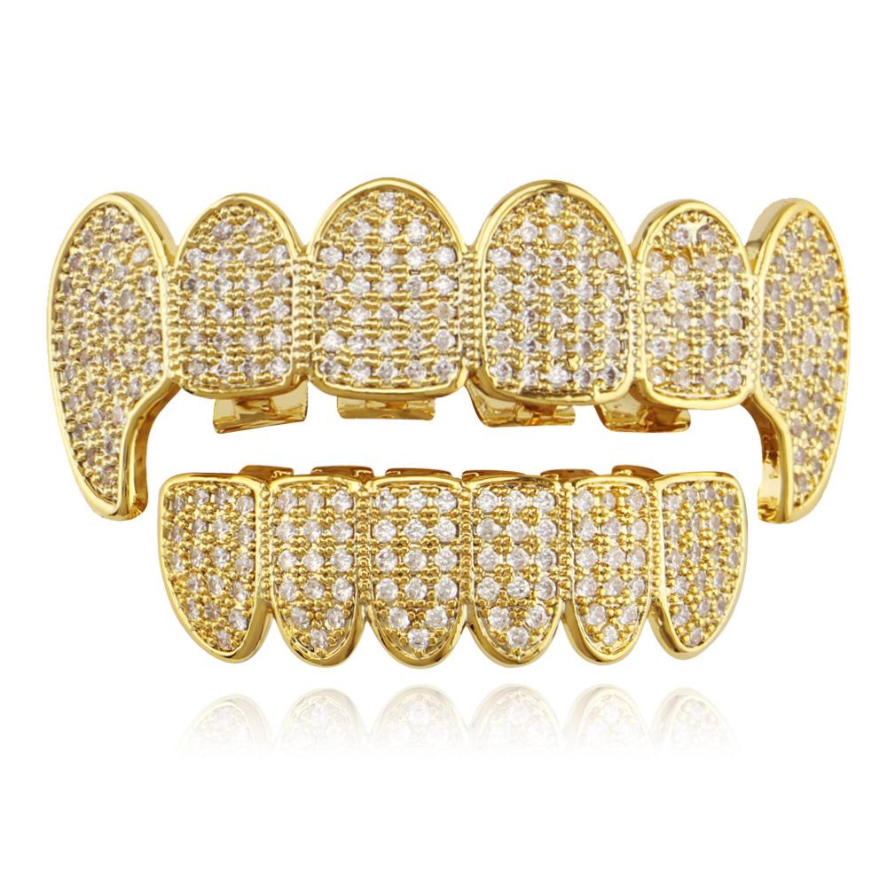925 Sterling Silver HipHop Dental Grills Teeth Grillz Halloween Tooth Grillz Micro Pave Zircon Top Bottom Mouth Teeth Grills Set