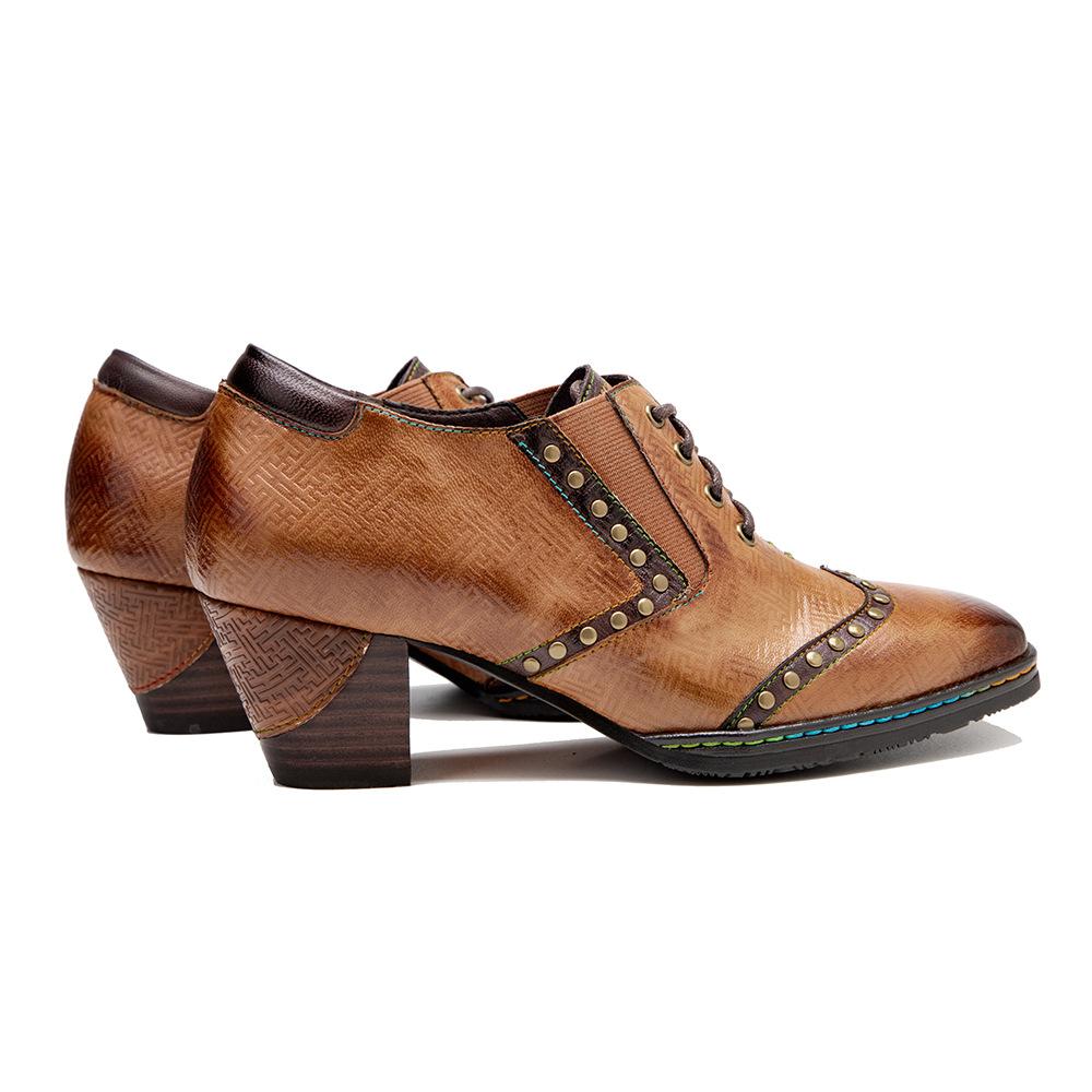 Johnature Женские туфли-лодочки из натуральной кожи, винтажные туфли на высоком каблуке с квадратным носком и заклепками, расписанные вручную, на толстом каблуке со шнуровкой