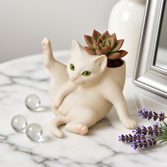 5/8-Inch Grooming Cat Planter Pot Playing Ball Cat Succulents Herb