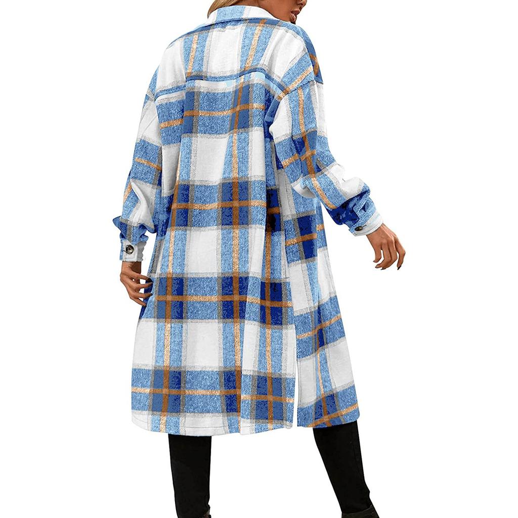 Fashion Women's Casual Loose Grinding Wool Plush Plaid Long-sleeved Jacket Overcoat