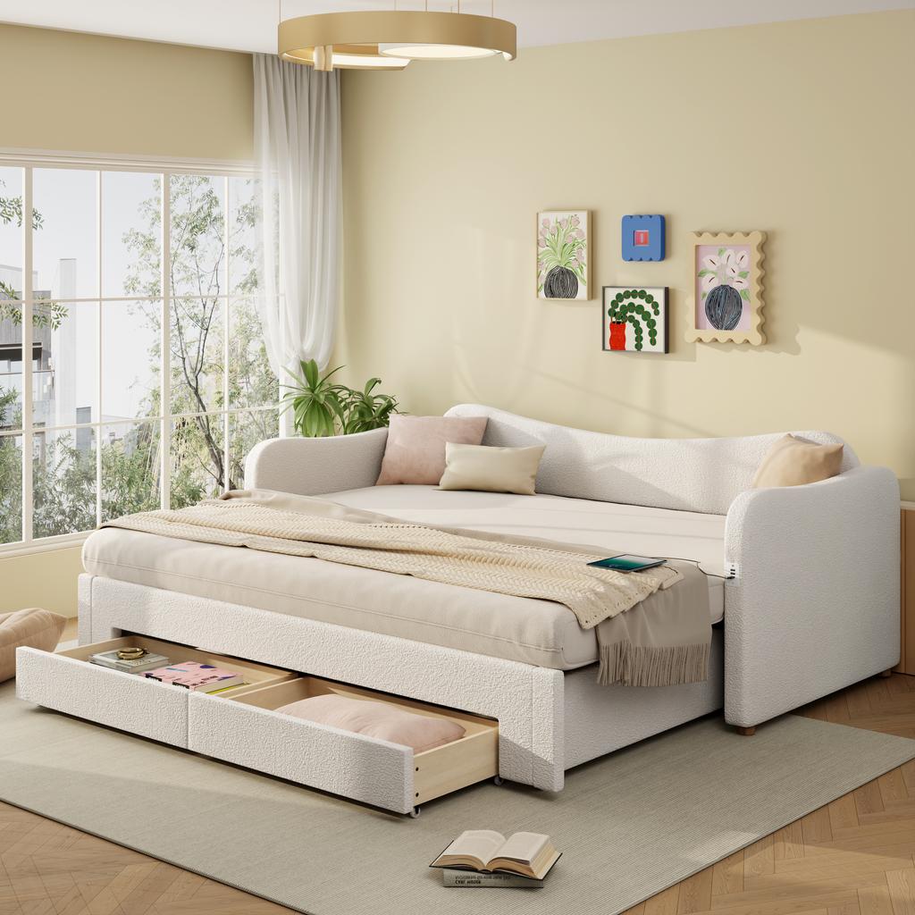 Upholstered Bed, Daybed, Day Bed, Sofa Bed, with 2 Drawers for Storage, Sleeper Sofa, 90x200 cm, Extendable to 180 cm, with USB Port, Beige Boucle