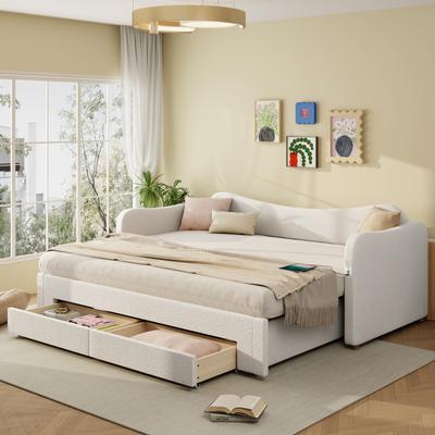 Upholstered Bed, Daybed, Day Bed, Sofa Bed, with 2 Drawers for Storage, Sleeper Sofa, 90x200 Cm, Extendable To 180 Cm, with USB Port, Beige Boucle