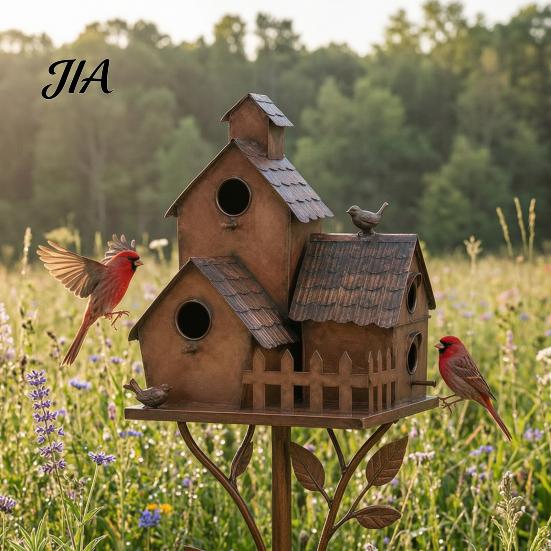 Rustic Bird Station Metal House Garden Stakes, Feeder Decor, Weatherproof Gift for Lovers Iron Art Decor Outdoor Lawn Yard Flower Bed Decoration Wild