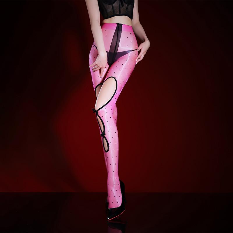 Polka Dot Bow Hollow Stockings Women Sexy Oil Glossy See Through Pantyhose Crotchless Lingerie High Elasticity Tights Leggings