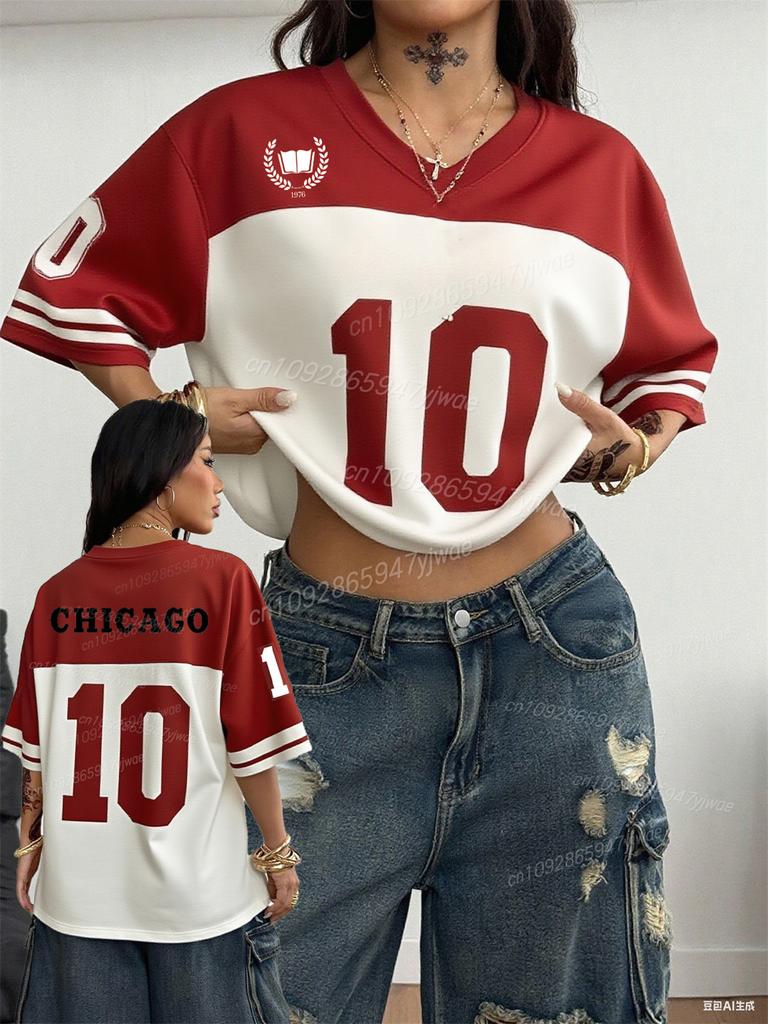 Women'S Summer Streetwear Couple Same Style Casual V-Neck Letter Graphic T-Shirts Oversized Casual Sportwear Jersey T-Shirt