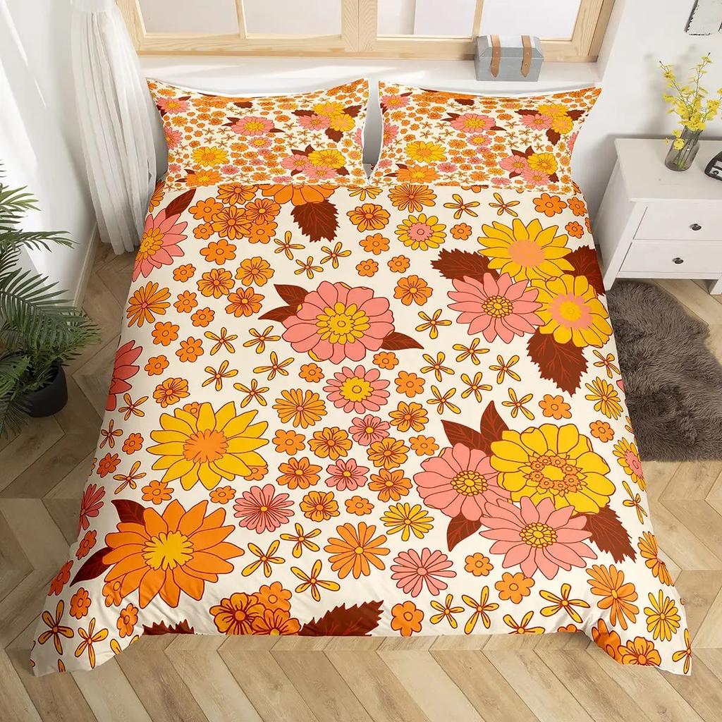 Comforter Retro Flowers Watercolor Yellow Floral Green Leaves Plant Comforter And 2 S Trippy Style Bedding Set