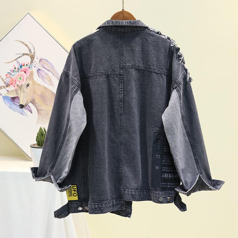 Vintage Full Sleeve Appliques Newspaper Pattern Large Size Black Denim Jacket Leisure Trend Coat 2020 Autumn