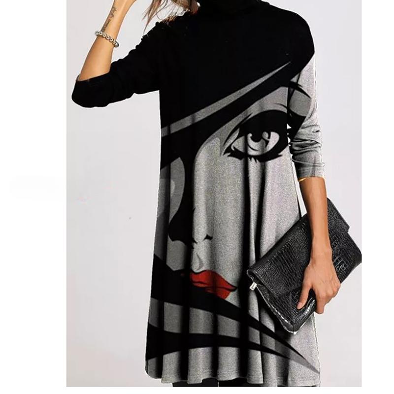 Зимняя водолазка, теплая винтажная женская одежда с принтом, элегантные лоскутные платья с длинными рукавами, женские повседневные свободные платья