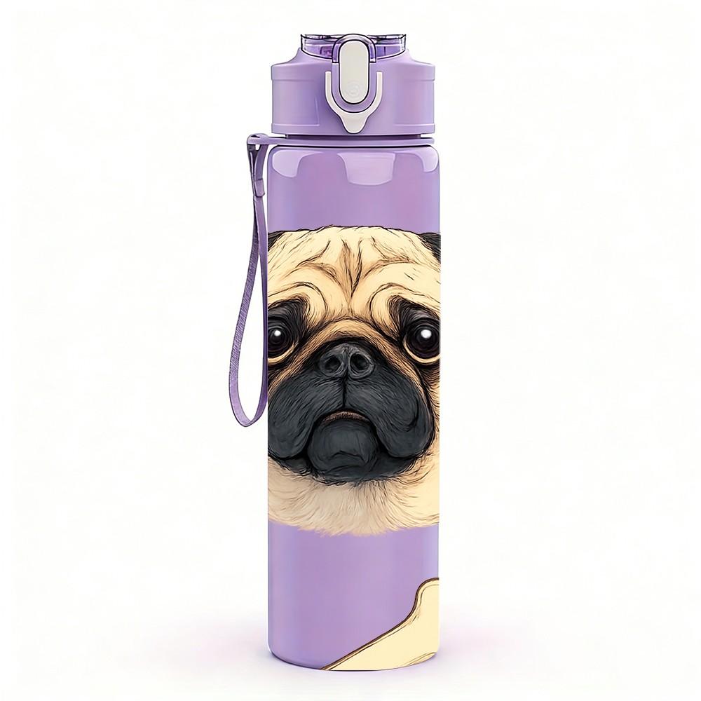 1PC Pug Dog Paw Bone Repeat Background 750ml Color Plastic Sports Water Bottle Leakproof Flip Straw Lid Suitable for Sports Office Home Use