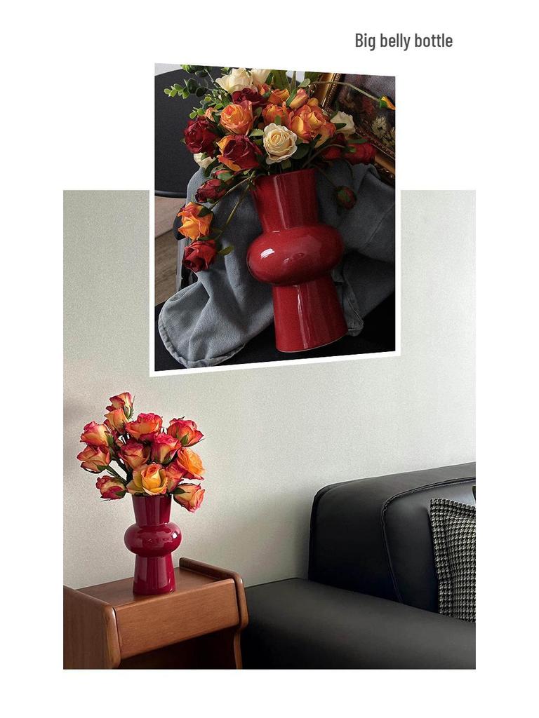 Китайская красная керамическая ваза середины века - Новогоднее специальное украшение для гостиной или свадебные композиции из шелковых цветов