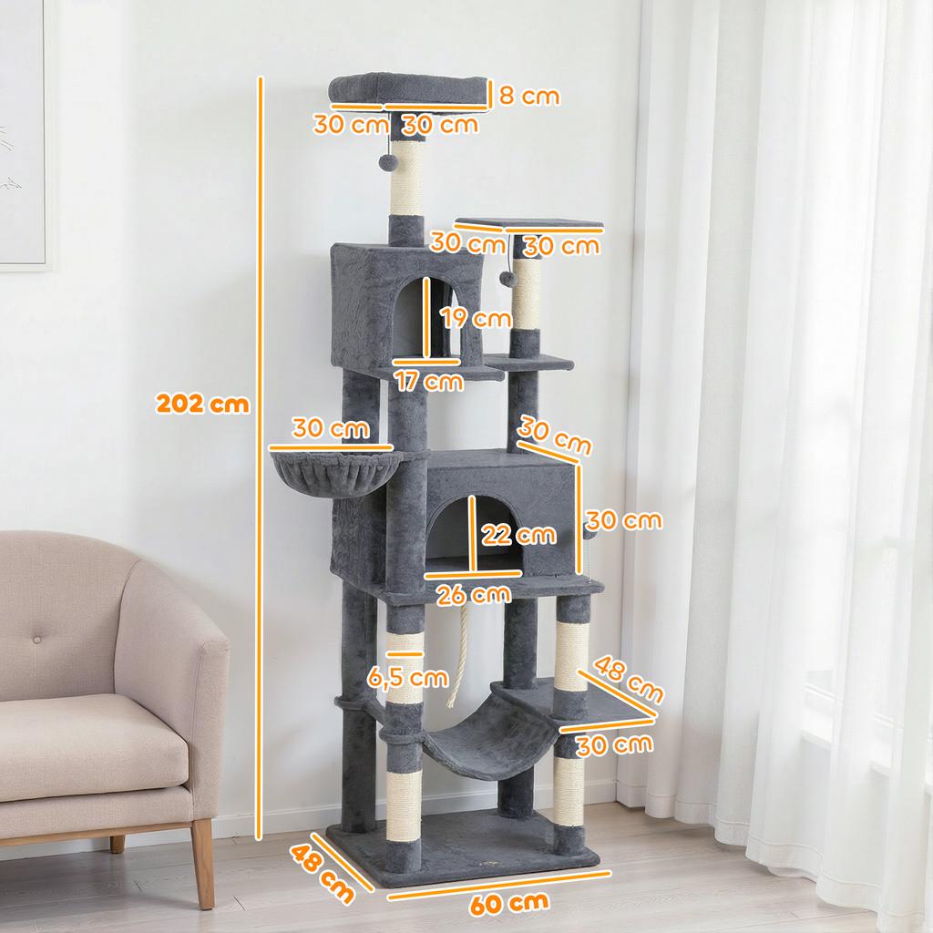 Cat Scratching Tree, Platform, Bed, Caves, Sisal Posts, 60 x 48 x 202 cm, Grey