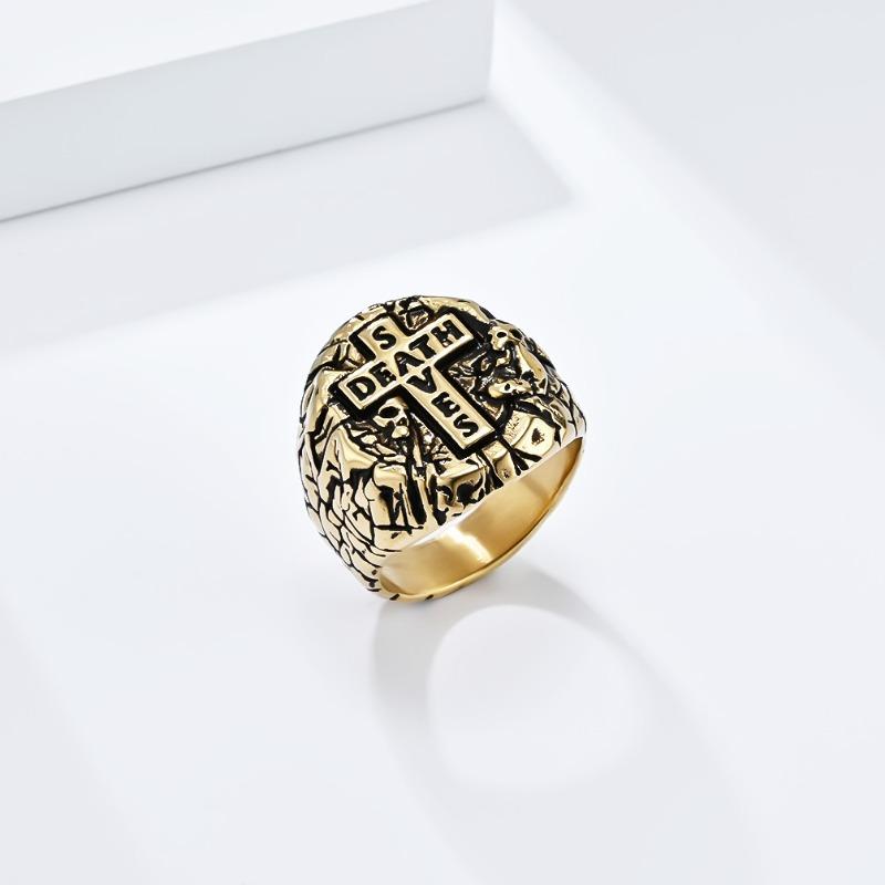 Men's Vintage Cross Titanium Steel Ring Bully Niche Design Stone Pattern Skull Jewellery Gold Rapper Wear Finger Ring