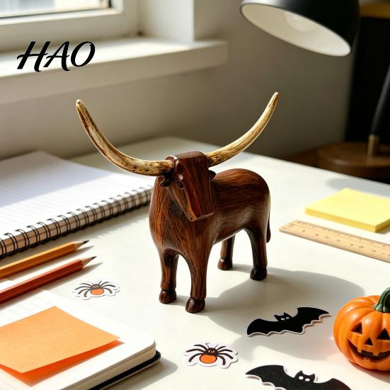Hand Carved Look Sculpture Vintage Longhorn Bull Sculpture, Rustic Farmhouse Animal Figurine, Western Style Primitive Folk Art Decoration Decorative