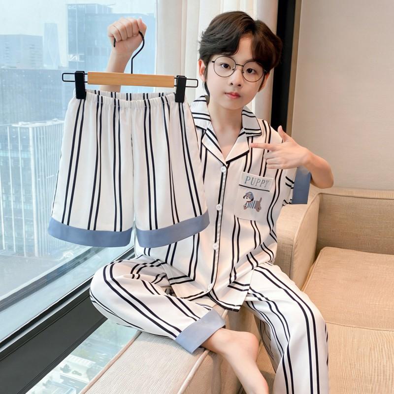 Kids Ice Silk Pajama Set Short Sleeve Cartoon Print Boys Sleepwear Ages 8
