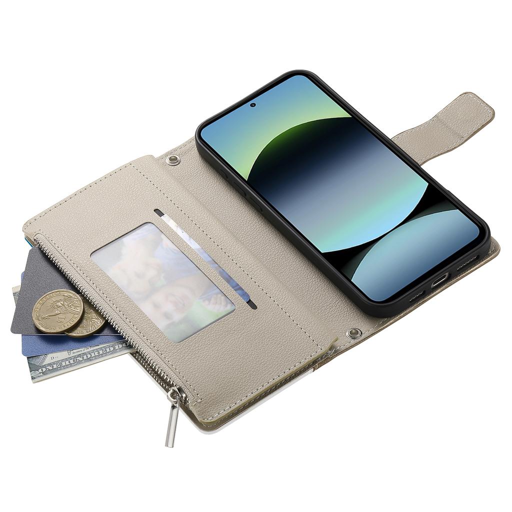 Для Xiaomi Redmi Note 14 4G (164,84мм) Чехол-кошелек на молнии, кожаный откидной чехол для телефона с ремешками, цветная вставка