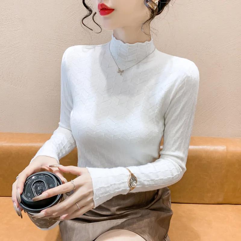 Осенне-зимняя базовая рубашка женская новая тонкая кофта облегающего кроя универсальная прилегающая с полувысоким воротником базовый топ