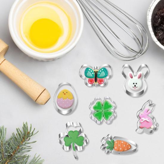 7Pcs/Set Easter Cookie Cutter Bunny Egg Carrot Flower Shamrock Shape Food Grade Stainless Steel Press Biscuit Cutting Mold Kit Kitchen Baking Tools