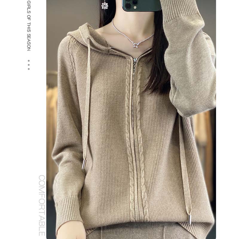 Женская кардиган с капюшоном на молнии, трикотажная куртка, однотонный свитер, повседневная толстовка с капюшоном, теплая трикотажная куртка в стиле Харадзюку на осень и зиму