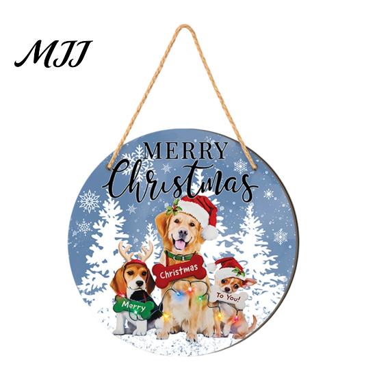 Водонепроницаемый Праздничный Знак на Крыльцо, Рождественский Подвесной Знак, Круглый Деревянный Знак 'Добро Пожаловать', Милая Собака, Пряничный Человек для Декора Передней Двери